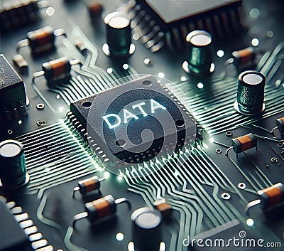 A circuit board with a chip labeled "DATA" highlighting data processing in technology Stock Photo